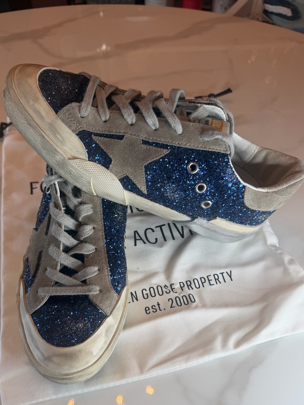 Golden Goose Navy Blue Glitter Low-Top Sneakers with Suede Star